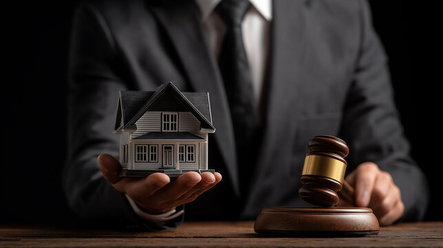 A man in a suit holds a model house next to a wooden gavel, representing real estate law, property auctions, or legal proceedings regarding home ownership
