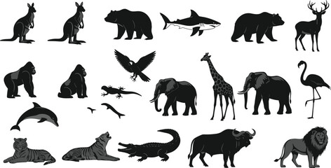 Obraz premium Wild animals silhouettes collection lion tiger elephant giraffe deer shark dolphin crocodile wildlife safari nature illustration set