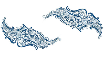 Abstract vector illustration of a hand drawn fish with ocean waves, water splash, and decorative tribal floral ornament pattern in blue © Rizky