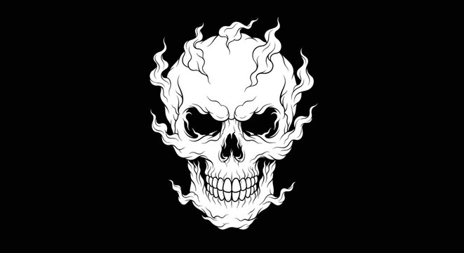 Flaming skull illustration of a human skeleton head engulfed in fire, horror Halloween death symbol, dark scary tattoo style