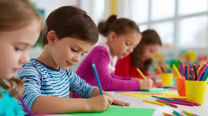 Obraz premium Children drawing and coloring together at classroom table representing creativity learning and early education environment