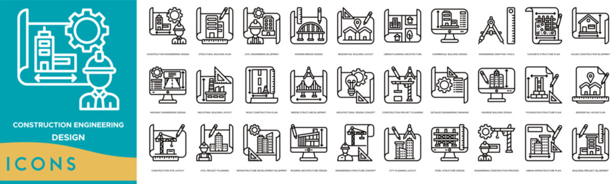 Construction Engineering Design icon set. Structural Building Plan, Civil Engineering Blueprint, Modern Bridge Design, Residential Building Layout and Urban Planning Architecture