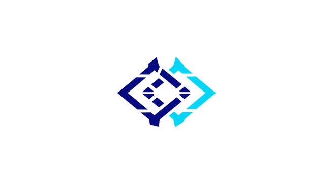 Blue 3D real estate logo design vector featuring house and cube symbol, business icon sign, digital illustration, modern web technology shape