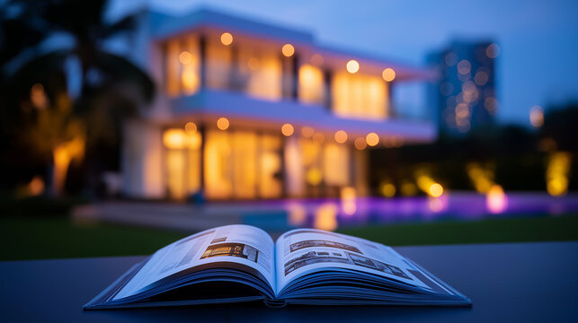 Open property catalog book in front of modern house at sunset representing real estate marketing and developer offer presentation