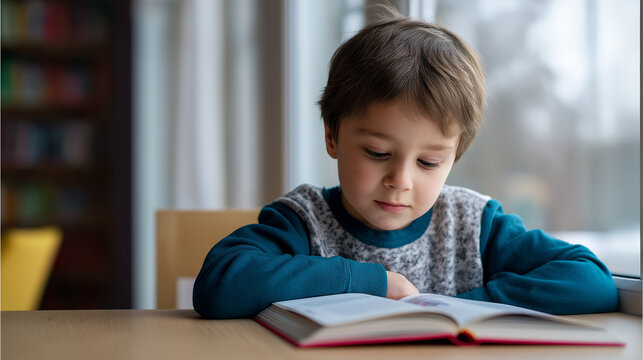 Young boy reading a book intently at a table indoors.