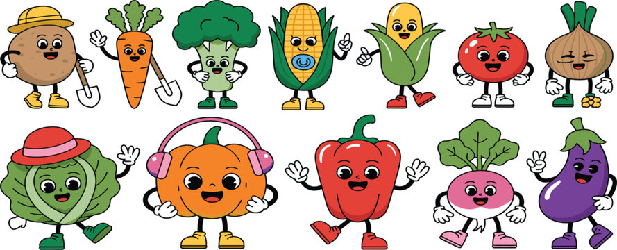 Cute vegetable cartoon character collection, funny food mascots set isolated on white background vector illustration