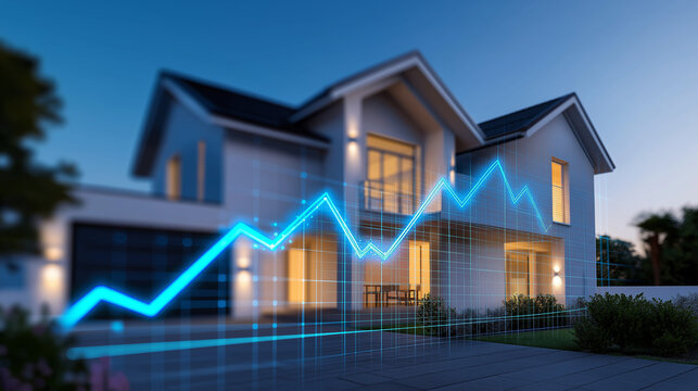 Modern house with rising cost graph symbolizing increasing home maintenance expenses and real estate financial burden