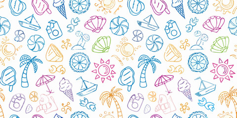 Colorful summer doodles create a playful and repeating pattern © Ripan