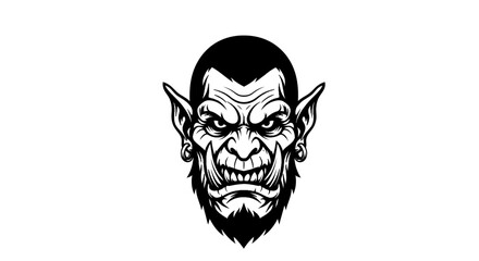 Obraz premium Fierce Orc Face Illustration, Fantasy Monster Head with Fangs and Beard