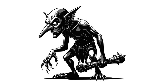 Fantasy Creature Goblin Warrior Holding Club - B&W Illustration