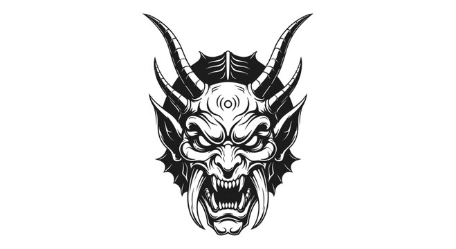 Fierce Demon Face Illustration - Scary Monster Head with Horns