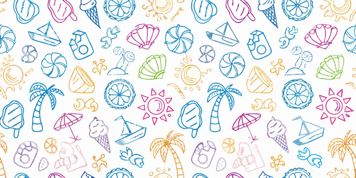 Colorful summer doodles create a playful and repeating pattern