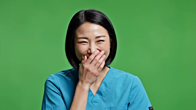 Smiling female nurse in blue scrubs against green background