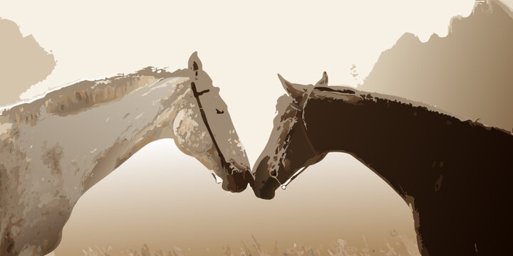 Two horses facing each other noses touching in a gentle moment