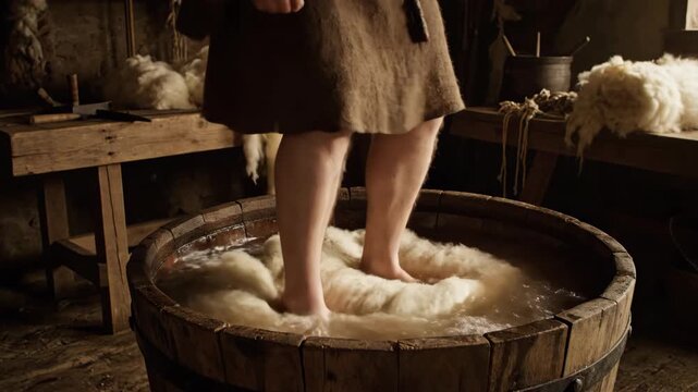 Woman stands in barrel with wool and water, stomping material