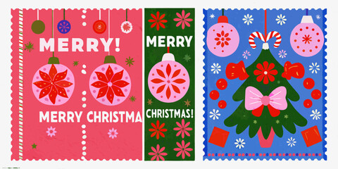 Festive christmas cards with ornaments trees and cheerful greetings © Ripan
