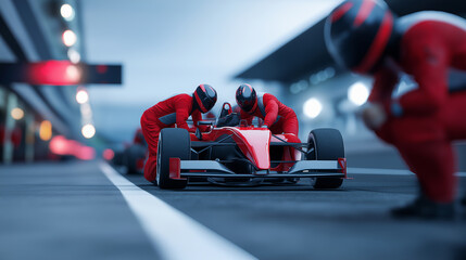 Go-kart racing team performing pit stop with coordinated teamwork, representing speed, precision and collaboration.