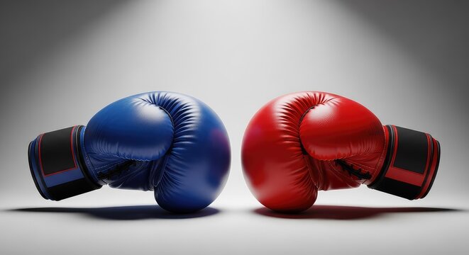 Two boxing gloves in blue and red face each other in a dramatic standoff, symbolizing a powerful international economic rivalry and clash, lighting, boxing gloves, sport
