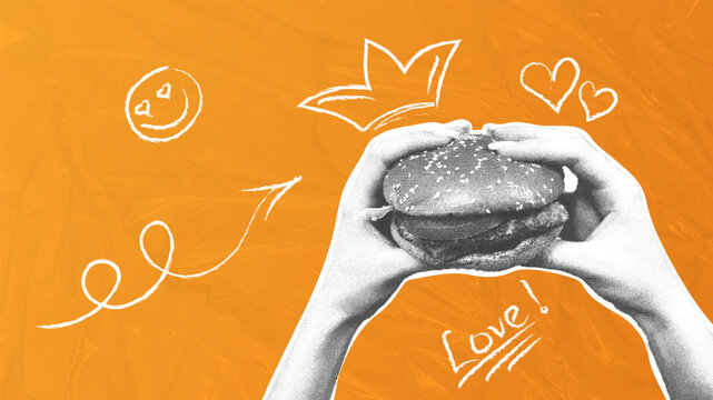 Burger Love. A burger with hand-drawn doodles. A trendy halftone collage. Monochrome elements. Creative design. Food concept, menu template for restaurants, cafes, and delivery. Vector illustration
