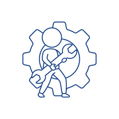 Obraz premium Man Holding Wrench in Front of Gear Icon.