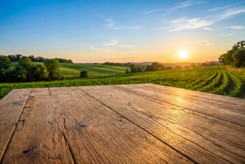Fototapeta premium Empty wooden table surface with a blurred background of a farm field at sunset