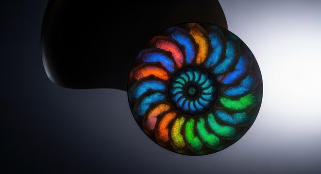 A detailed macro shot of a nautilus shell cross section revealing a perfect golden ratio spiral with glowing iridescent mother of pearl chambers, golden ratio, growth, nautilus