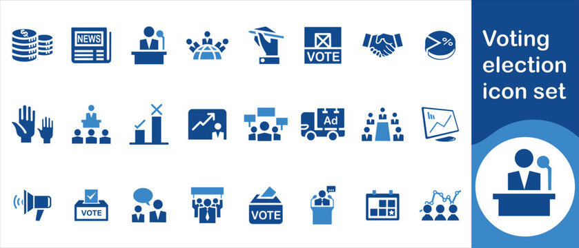 A collection of blue icons representing various aspects of the voting process elections civic duties and political engagement high quality professional detailed modern
