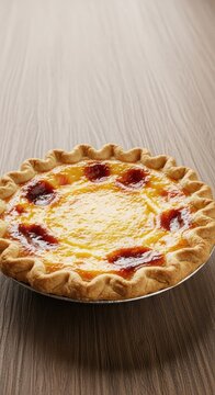 A golden brown classic chess pie sits on a rustic wooden table, featuring a flaky crust and a rich, creamy custard filling with a sugary top, bakery, brown, warm