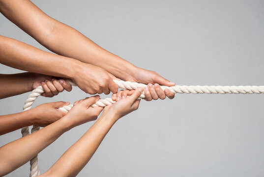 Multiple strong hands pulling white rope together for teamwork and cooperation