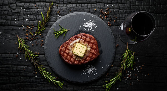 Grilled steak with butter on a slate plate with rosemary and wine