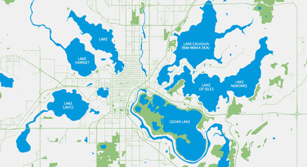 Obraz premium Aerial Map of Minneapolis Lakes and City Grid