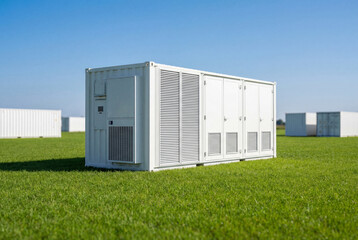 Obraz premium White battery energy storage container on green grass under blue sky