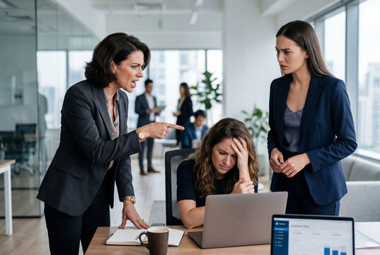Angry female boss pointing at a stressed woman employee looking at a laptop in a modern office