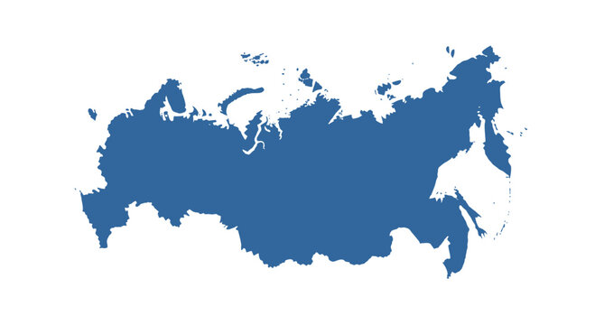 Blue Silhouette of Russia Map Outline on White Background