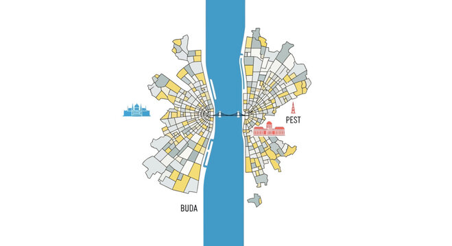 Budapest city map infographic, divided by Danube river, Buda and Pest districts