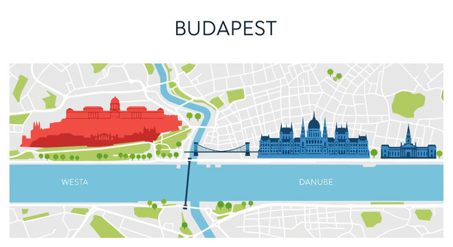 Budapest Map Illustration with Danube River, Parliament, and Buda Castle