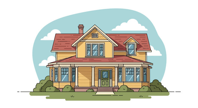 Charming Yellow Victorian House with Red Roof and Green Door, Illustration