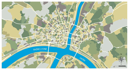 Fototapeta premium Colorful abstract map of Lyon, France, with rivers and districts