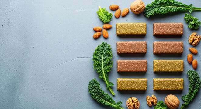 A top-down view of organic vegan protein bars arranged neatly with scattered almonds, walnuts, and fresh kale leaves on a stone surface, diet, nutrition, stone