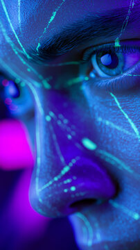 Futuristic portrait with neon digital patterns on face, representing artificial intelligence and advanced technology.