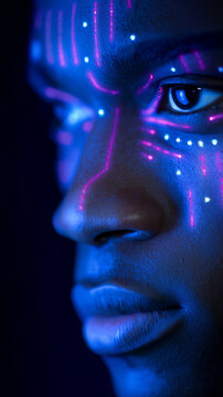 Futuristic portrait with neon digital patterns on face, representing artificial intelligence and advanced technology.