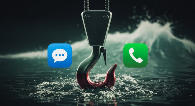 Cyber Security Phishing Concept with Hook and Social Media Communication Icons over Dark Wavy Ocean Surface