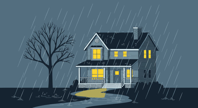 Cozy House in Heavy Rainstorm, Warm Yellow Light Glowing