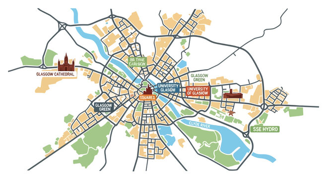 Glasgow City Map Illustration - Landmarks & Attractions