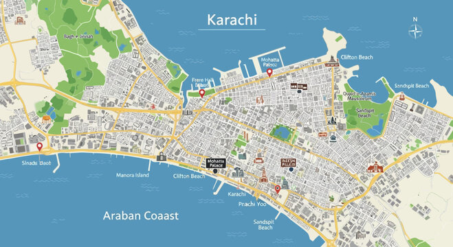 Karachi City Map - Pakistan Urban Area with Coastline and Landmarks