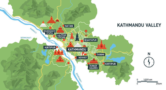 Kathmandu Valley Map: Landmarks, Temples, Rivers, and Mountains - Nepal