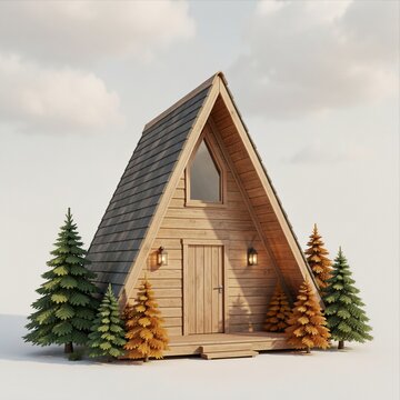 A-Frame Wooden Cabin with Pine Trees in a Snowy Winter Landscape