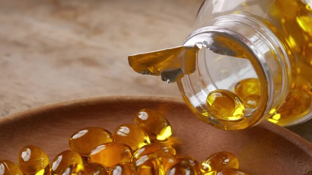 softgel capsules pouring out of opened glass bottle onto wooden plate, supplement herbal extract health concept