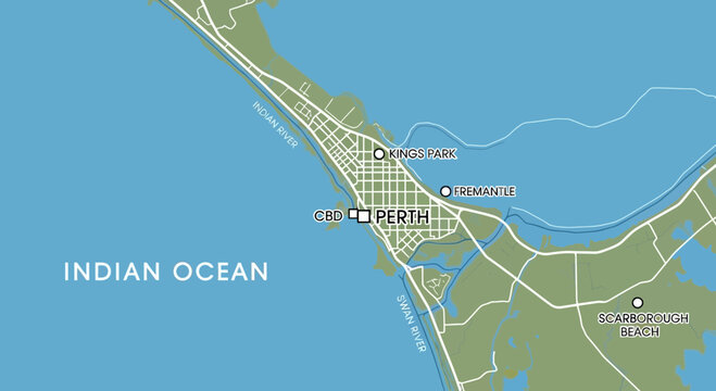 Map of Perth, Australia with Indian Ocean and Swan River highlighted