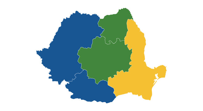 Map of Romania divided into colored regions: blue, green, and yellow